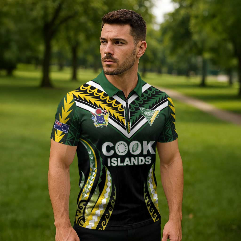 Custom Cook Islands Rugby Zipper Polo Shirt Unique Style Black Version - Polynesian Pride