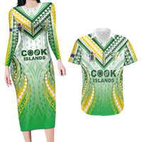 Custom Cook Islands Rugby Couples Matching Long Sleeve Bodycon Dress and Hawaiian Shirt Unique Style White Version LT05 White - Polynesian Pride