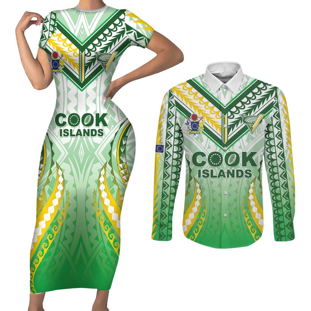 Custom Cook Islands Rugby Couples Matching Short Sleeve Bodycon Dress and Long Sleeve Button Shirt Unique Style White Version - Polynesian Pride