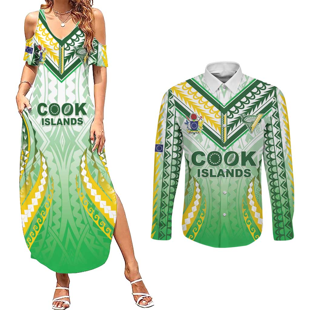 Custom Cook Islands Rugby Couples Matching Summer Maxi Dress and Long Sleeve Button Shirt Unique Style White Version - Polynesian Pride
