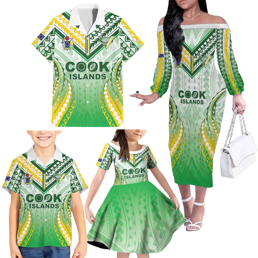 Custom Cook Islands Rugby Family Matching Off The Shoulder Long Sleeve Dress and Hawaiian Shirt Unique Style White Version - Polynesian Pride