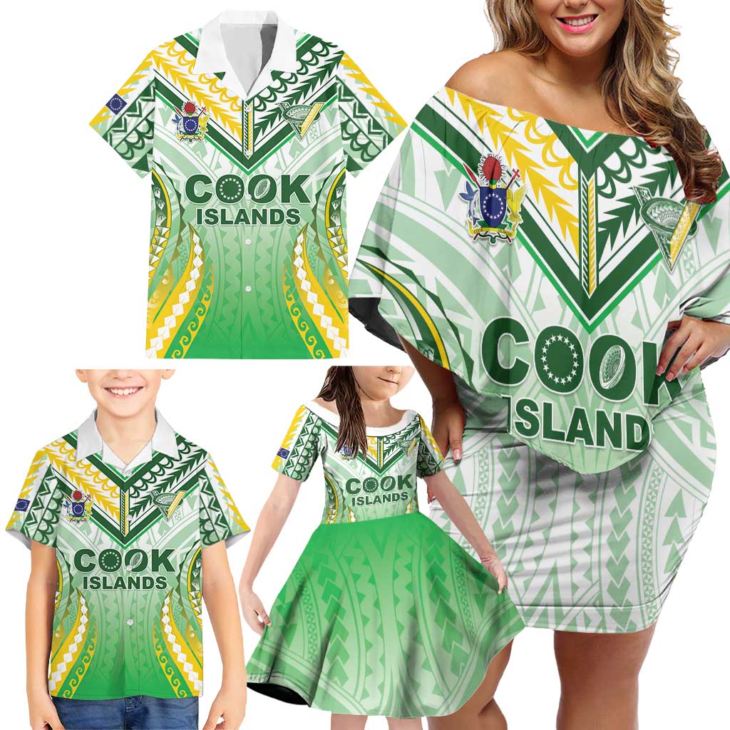 Custom Cook Islands Rugby Family Matching Off Shoulder Short Dress and Hawaiian Shirt Unique Style White Version - Polynesian Pride