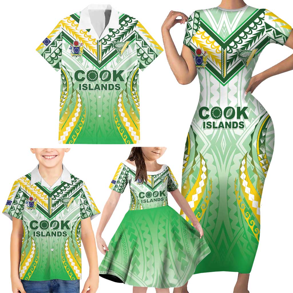 Custom Cook Islands Rugby Family Matching Short Sleeve Bodycon Dress and Hawaiian Shirt Unique Style White Version - Polynesian Pride