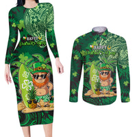 Personalised Hawaii St.Patrick Day Couples Matching Long Sleeve Bodycon Dress and Long Sleeve Button Shirt Surfing Leprechaun LT05 Green - Polynesian Pride