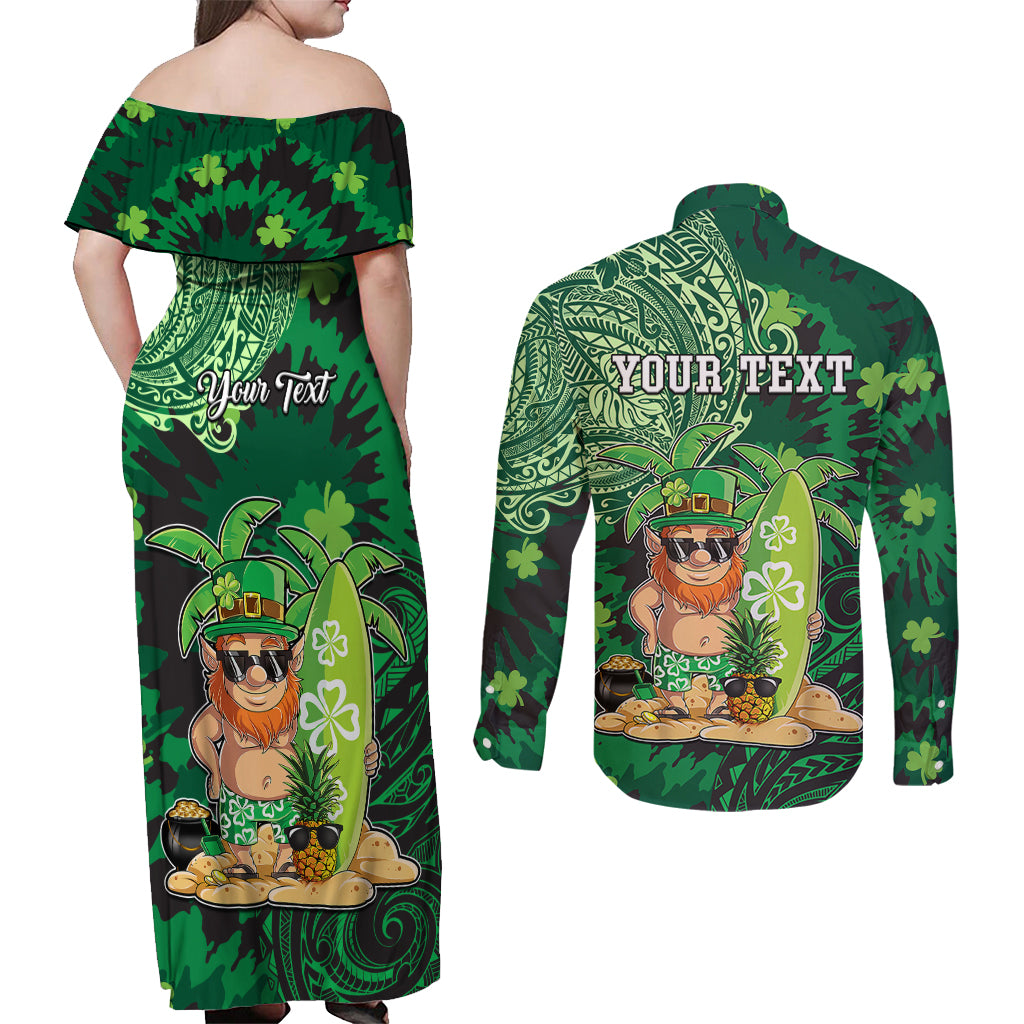 Personalised Hawaii St.Patrick Day Couples Matching Off Shoulder Maxi Dress and Long Sleeve Button Shirt Surfing Leprechaun LT05 - Polynesian Pride