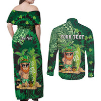 Personalised Hawaii St.Patrick Day Couples Matching Off Shoulder Maxi Dress and Long Sleeve Button Shirt Surfing Leprechaun LT05 - Polynesian Pride