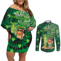 Personalised Hawaii St.Patrick Day Couples Matching Off Shoulder Short Dress and Long Sleeve Button Shirt Surfing Leprechaun LT05 Green - Polynesian Pride