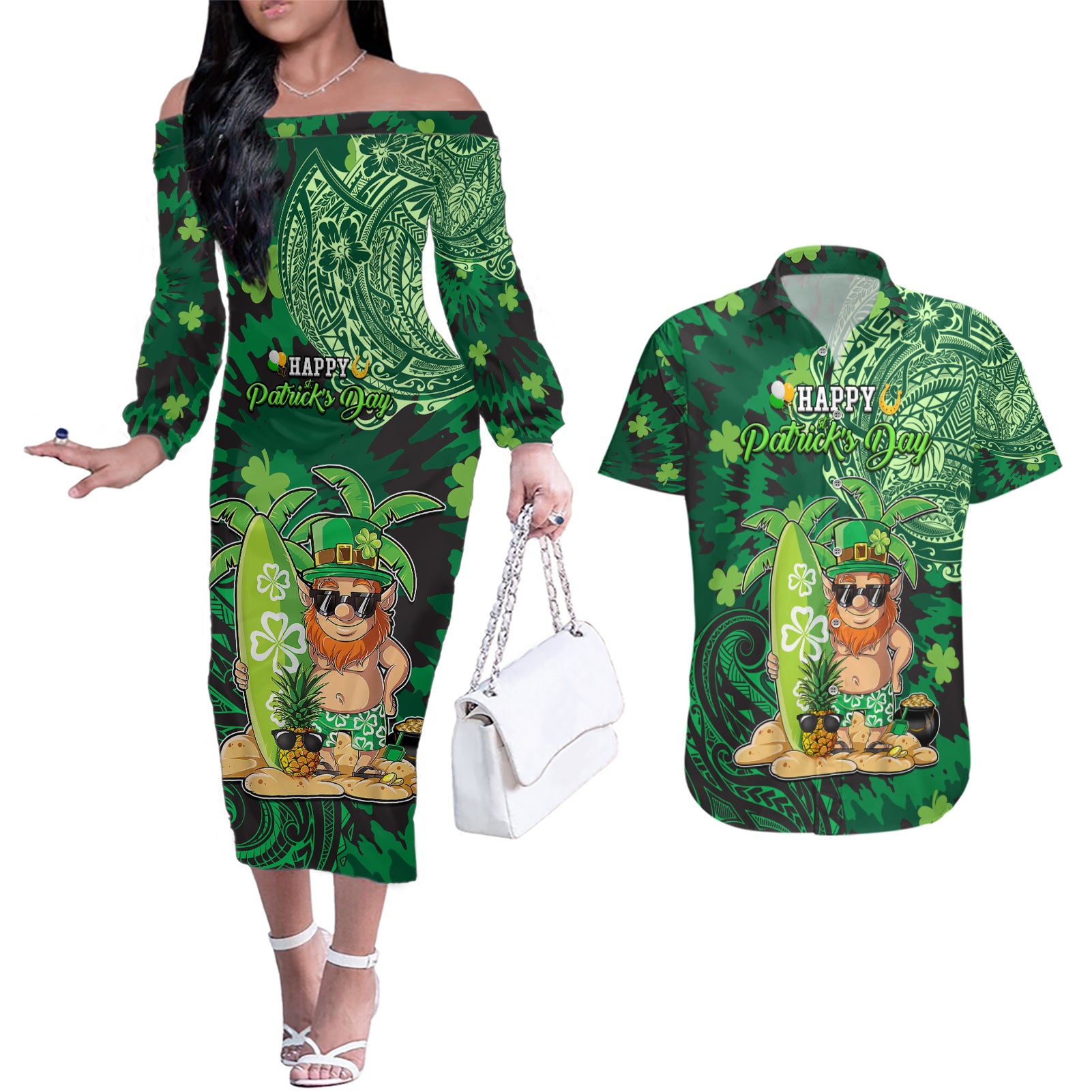 Personalised Hawaii St.Patrick Day Couples Matching Off The Shoulder Long Sleeve Dress and Hawaiian Shirt Surfing Leprechaun LT05 Green - Polynesian Pride