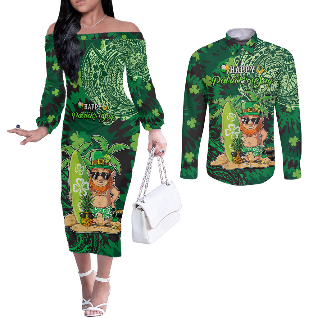Personalised Hawaii St.Patrick Day Couples Matching Off The Shoulder Long Sleeve Dress and Long Sleeve Button Shirt Surfing Leprechaun LT05 Green - Polynesian Pride