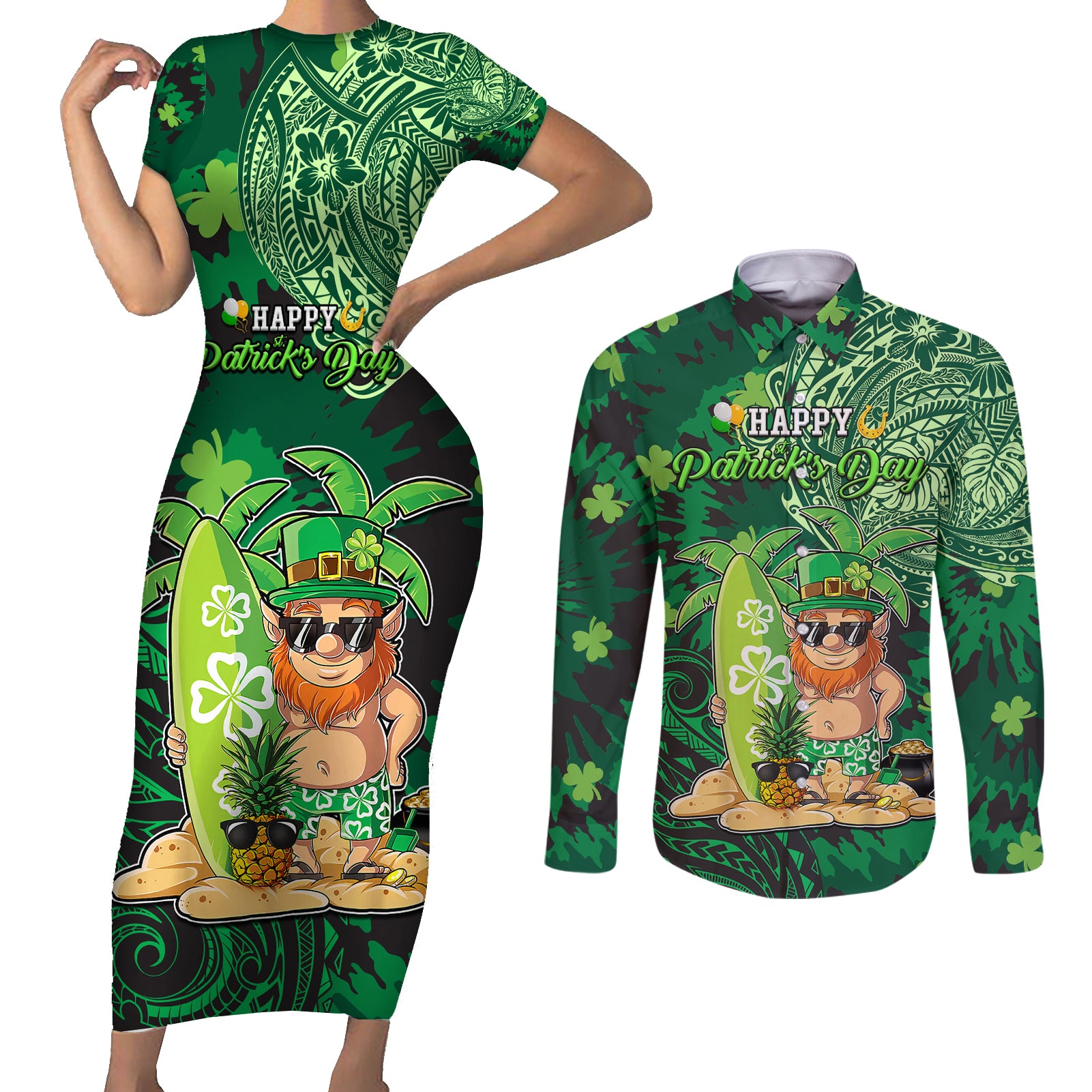 Personalised Hawaii St.Patrick Day Couples Matching Short Sleeve Bodycon Dress and Long Sleeve Button Shirt Surfing Leprechaun LT05 Green - Polynesian Pride