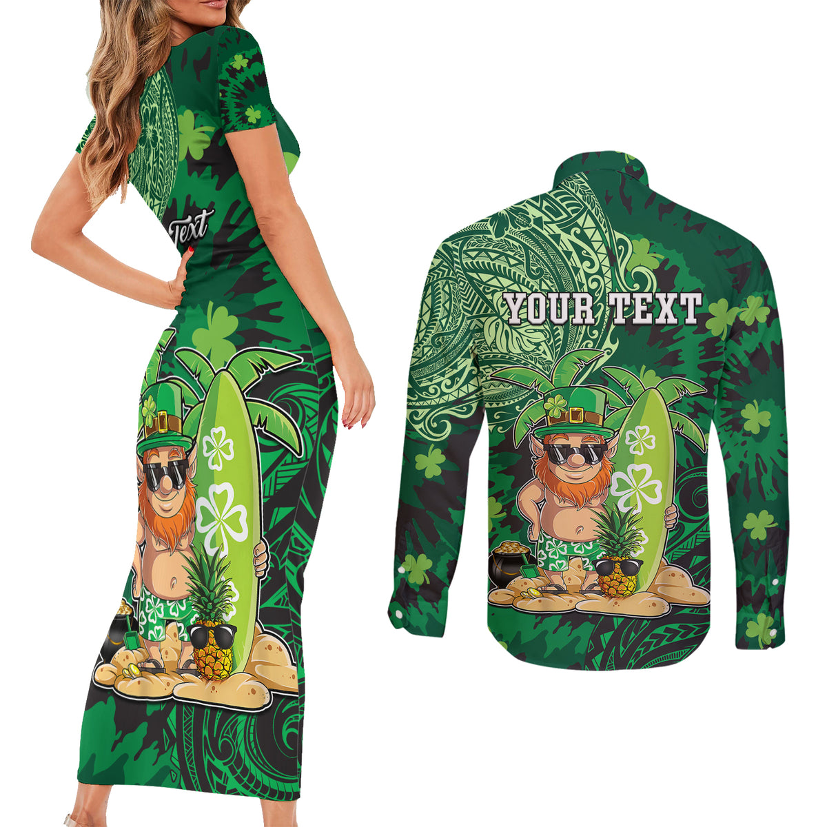 Personalised Hawaii St.Patrick Day Couples Matching Short Sleeve Bodycon Dress and Long Sleeve Button Shirt Surfing Leprechaun LT05 - Polynesian Pride