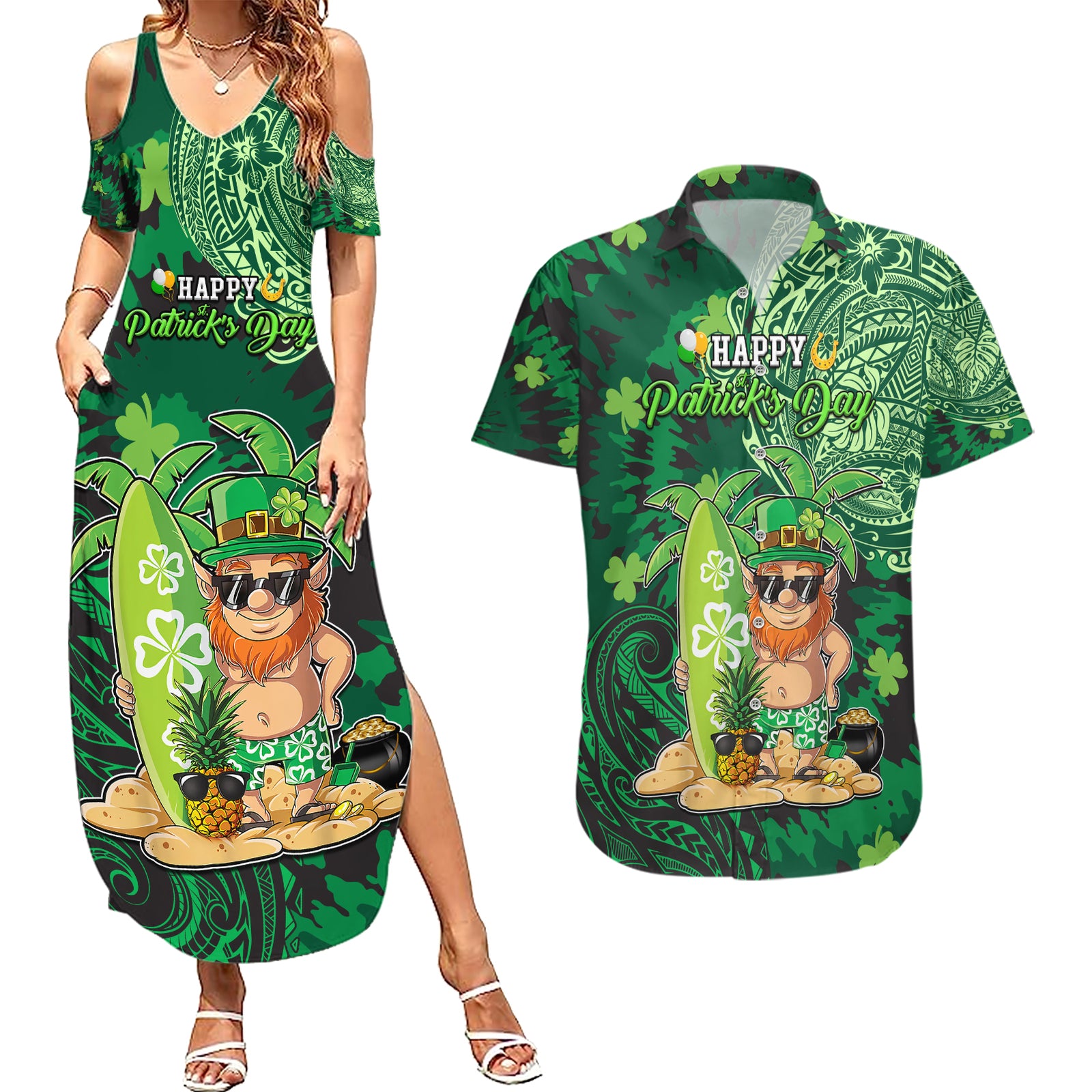 Personalised Hawaii St.Patrick Day Couples Matching Summer Maxi Dress and Hawaiian Shirt Surfing Leprechaun LT05 Green - Polynesian Pride