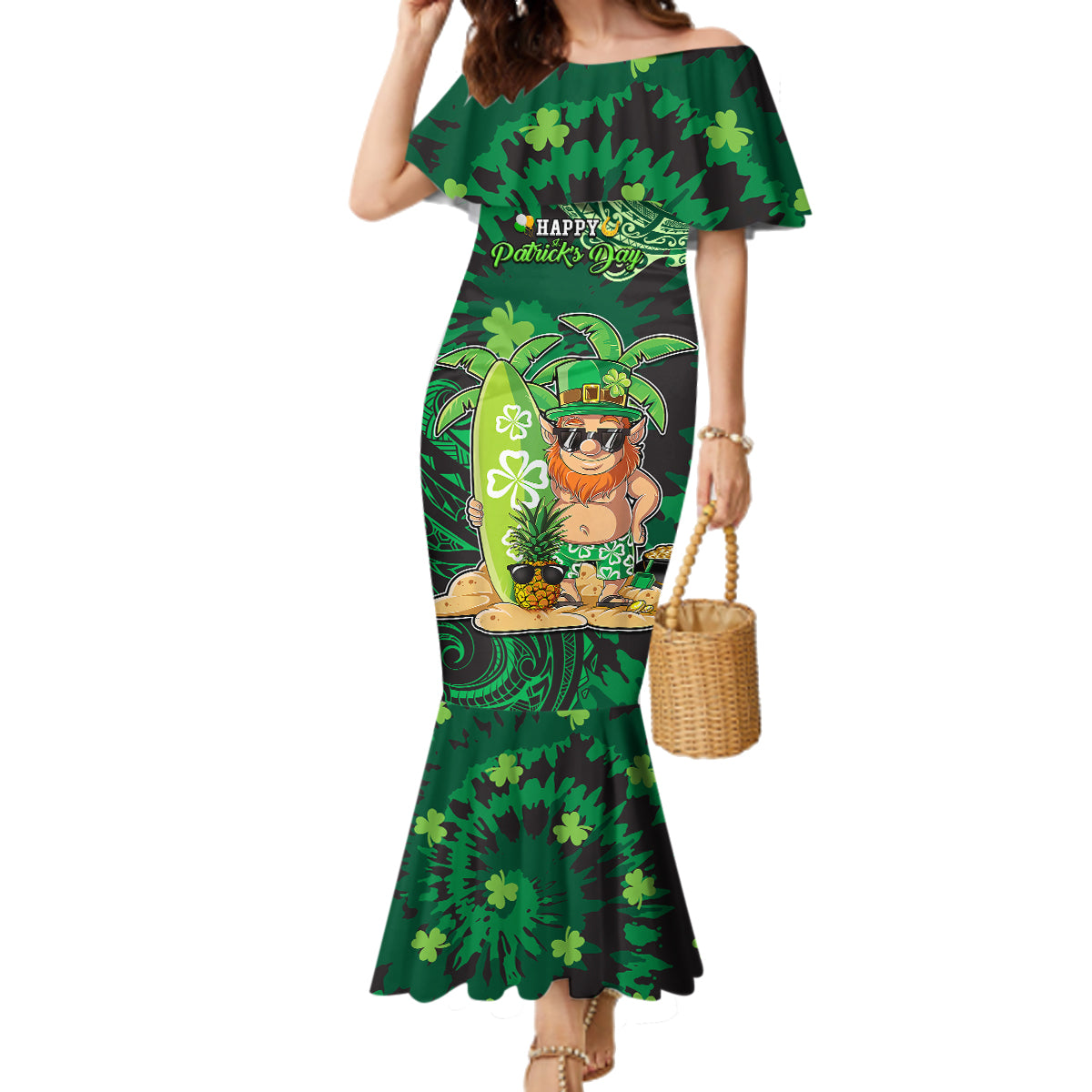 Personalised Hawaii St.Patrick Day Family Matching Mermaid Dress and Hawaiian Shirt Surfing Leprechaun LT05 Mom's Dress Green - Polynesian Pride
