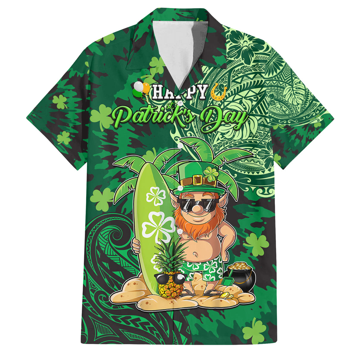 Personalised Hawaii St.Patrick Day Family Matching Off Shoulder Maxi Dress and Hawaiian Shirt Surfing Leprechaun LT05 Dad's Shirt - Short Sleeve Green - Polynesian Pride