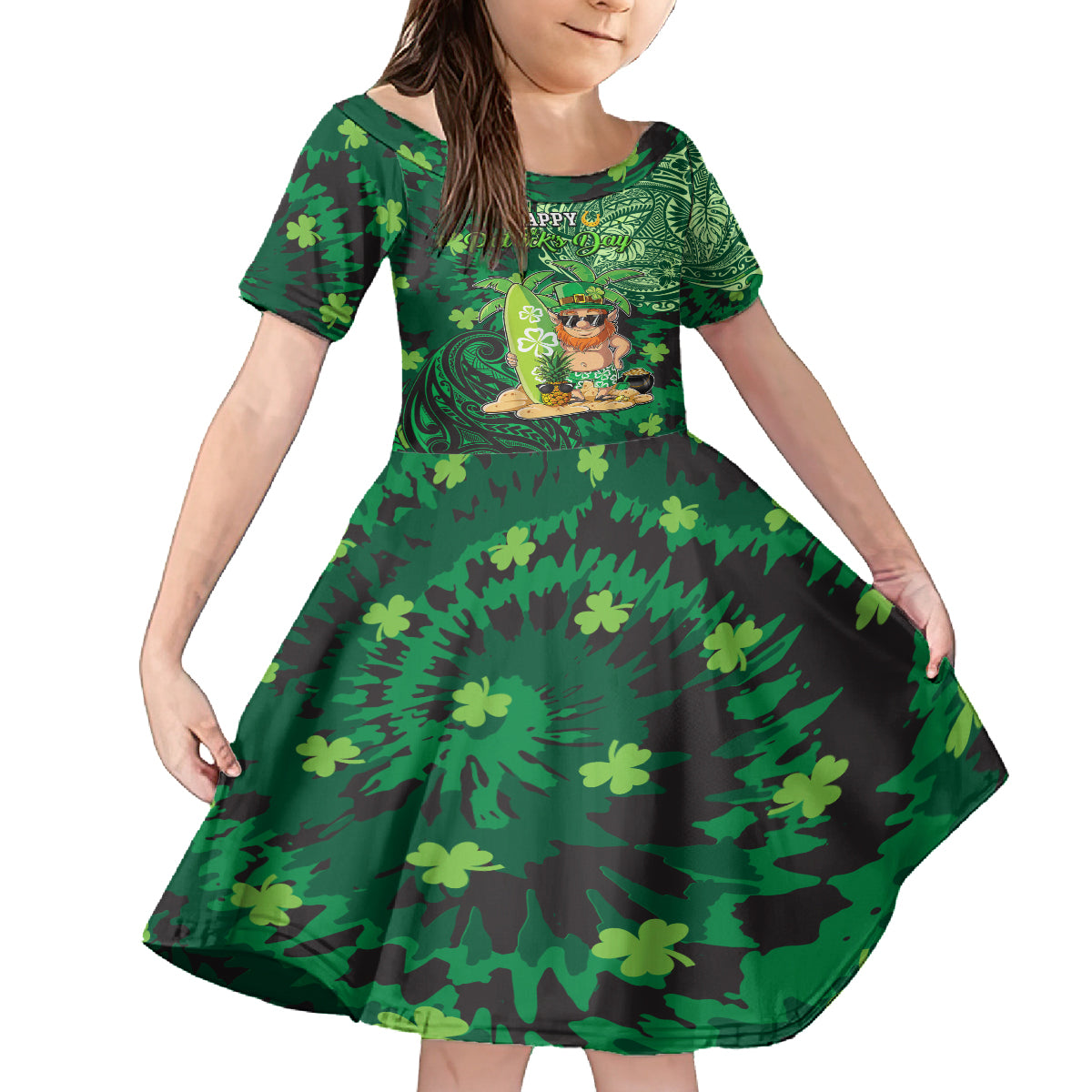 Personalised Hawaii St.Patrick Day Family Matching Tank Maxi Dress and Hawaiian Shirt Surfing Leprechaun LT05 Daughter's Dress Green - Polynesian Pride