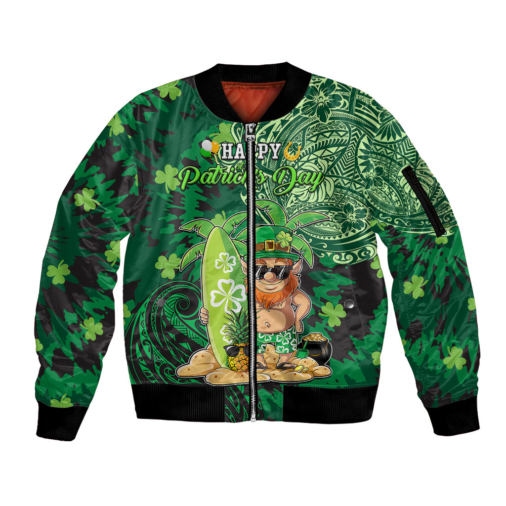 Personalised Hawaii St.Patrick Day Sleeve Zip Bomber Jacket Surfing Leprechaun LT05 Unisex Green - Polynesian Pride