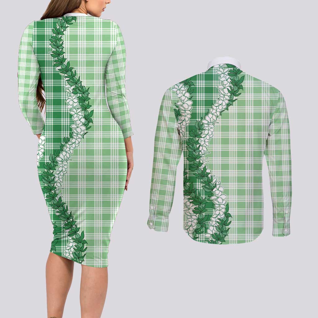 Green Hawaii Palaka Couples Matching Long Sleeve Bodycon Dress and Long Sleeve Button Shirt Hawaiian Honohono Lei