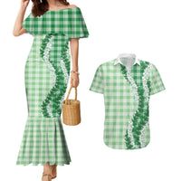 Green Hawaii Palaka Couples Matching Mermaid Dress and Hawaiian Shirt Hawaiian Honohono Lei