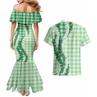 Green Hawaii Palaka Couples Matching Mermaid Dress and Hawaiian Shirt Hawaiian Honohono Lei