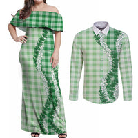 Green Hawaii Palaka Couples Matching Off Shoulder Maxi Dress and Long Sleeve Button Shirt Hawaiian Honohono Lei