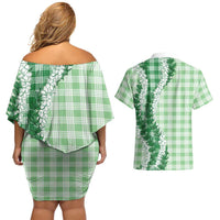 Green Hawaii Palaka Couples Matching Off Shoulder Short Dress and Hawaiian Shirt Hawaiian Honohono Lei