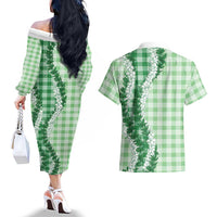 Green Hawaii Palaka Couples Matching Off The Shoulder Long Sleeve Dress and Hawaiian Shirt Hawaiian Honohono Lei