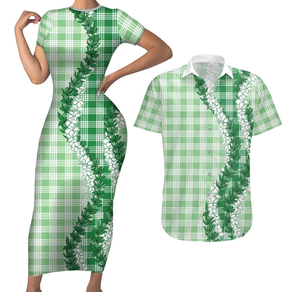 Green Hawaii Palaka Couples Matching Short Sleeve Bodycon Dress and Hawaiian Shirt Hawaiian Honohono Lei