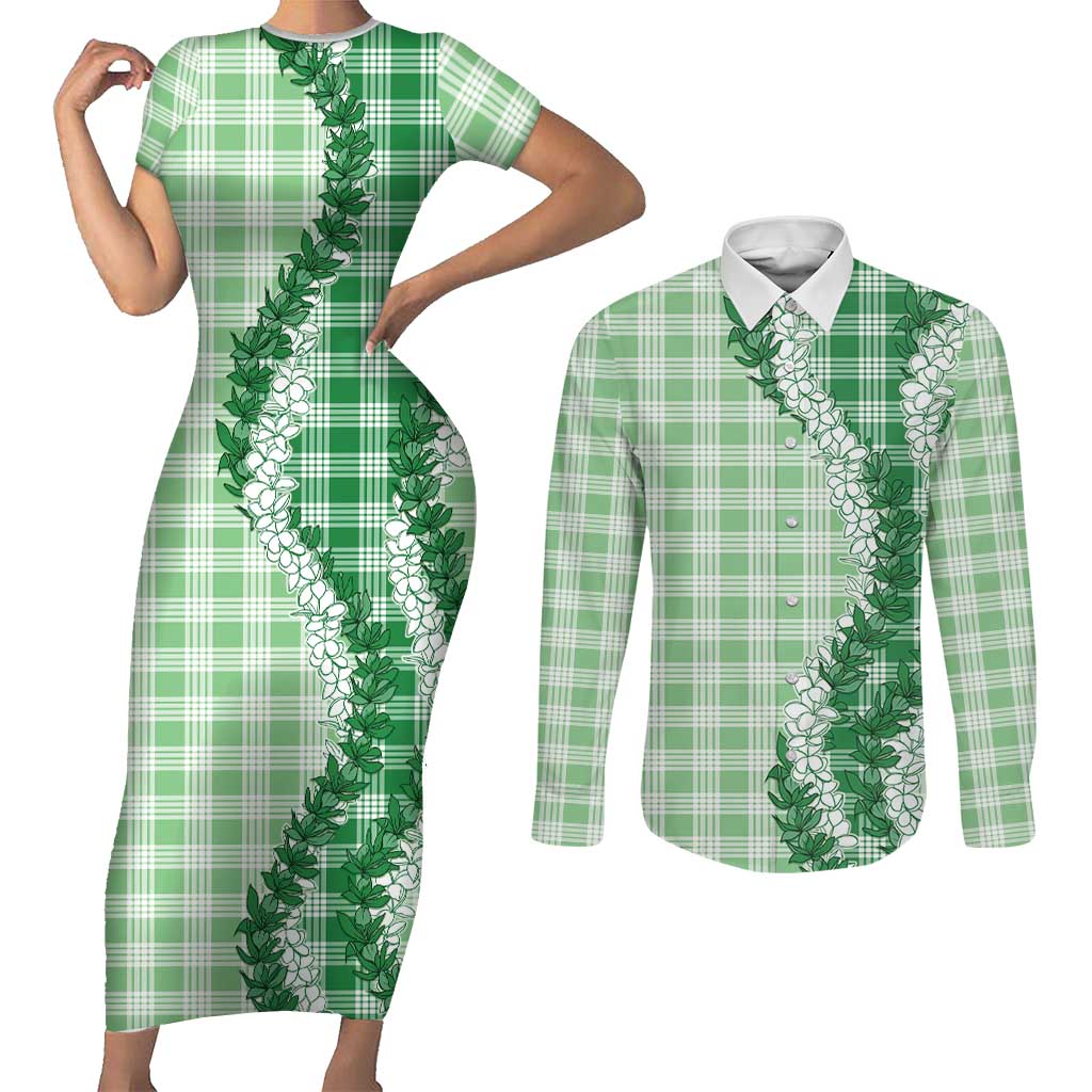 Green Hawaii Palaka Couples Matching Short Sleeve Bodycon Dress and Long Sleeve Button Shirt Hawaiian Honohono Lei