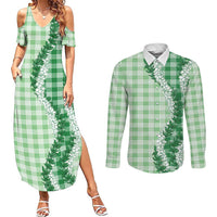 Green Hawaii Palaka Couples Matching Summer Maxi Dress and Long Sleeve Button Shirt Hawaiian Honohono Lei