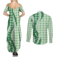 Green Hawaii Palaka Couples Matching Summer Maxi Dress and Long Sleeve Button Shirt Hawaiian Honohono Lei