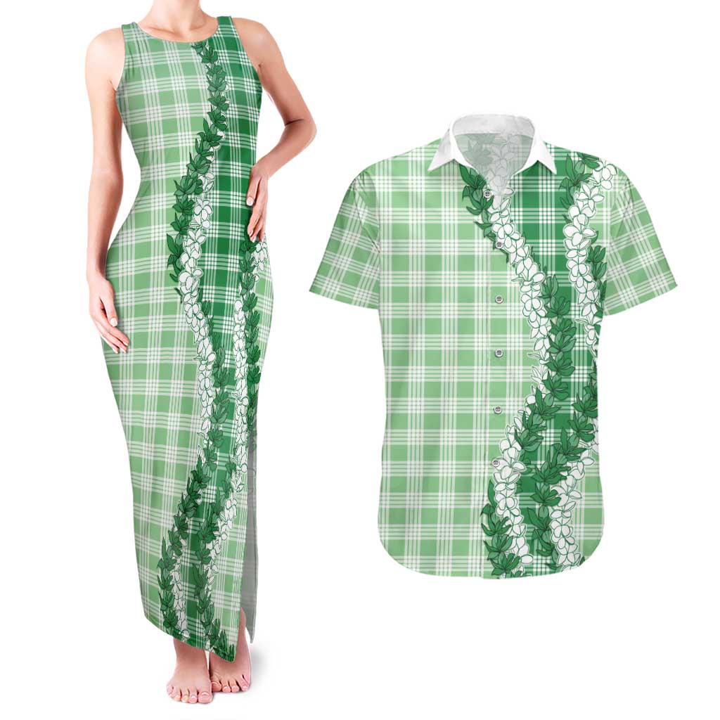 Green Hawaii Palaka Couples Matching Tank Maxi Dress and Hawaiian Shirt Hawaiian Honohono Lei