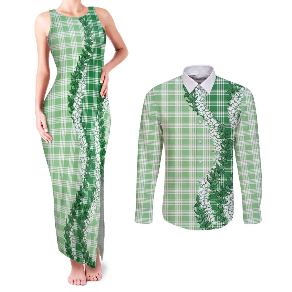 Green Hawaii Palaka Couples Matching Tank Maxi Dress and Long Sleeve Button Shirt Hawaiian Honohono Lei