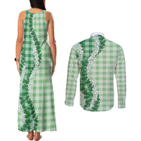 Green Hawaii Palaka Couples Matching Tank Maxi Dress and Long Sleeve Button Shirt Hawaiian Honohono Lei