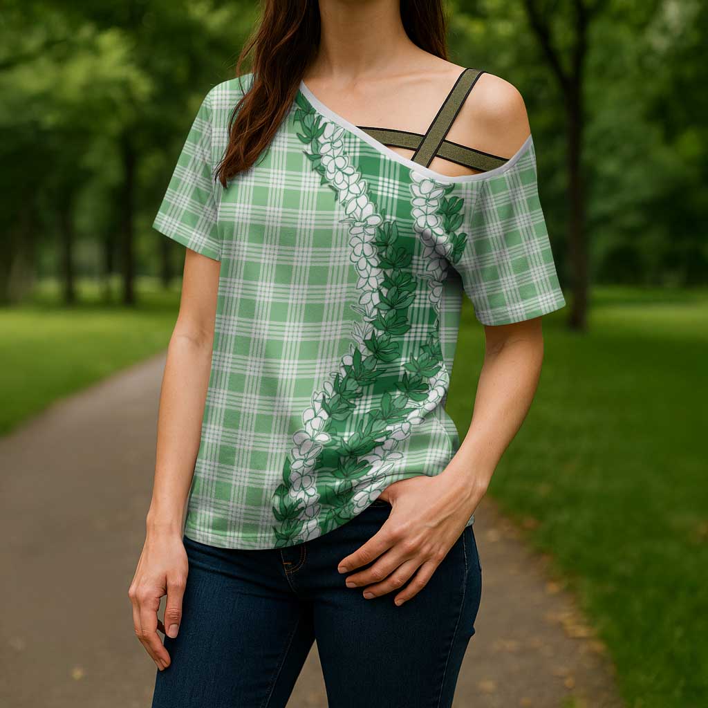 Green Hawaii Palaka Cross Shoulder Shirt Hawaiian Honohono Lei