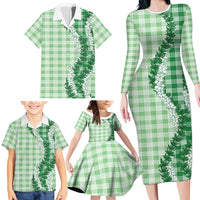 Green Hawaii Palaka Family Matching Long Sleeve Bodycon Dress and Hawaiian Shirt Hawaiian Honohono Lei
