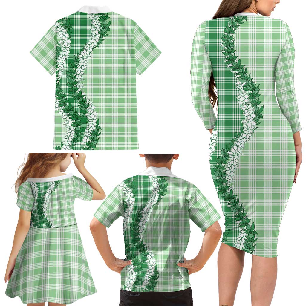 Green Hawaii Palaka Family Matching Long Sleeve Bodycon Dress and Hawaiian Shirt Hawaiian Honohono Lei