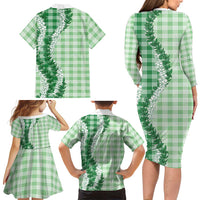Green Hawaii Palaka Family Matching Long Sleeve Bodycon Dress and Hawaiian Shirt Hawaiian Honohono Lei