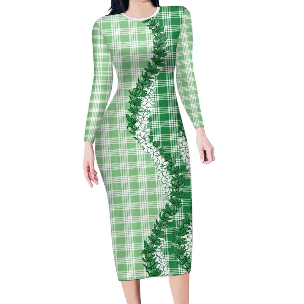 Green Hawaii Palaka Family Matching Long Sleeve Bodycon Dress and Hawaiian Shirt Hawaiian Honohono Lei