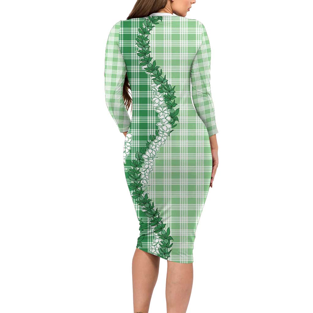 Green Hawaii Palaka Family Matching Long Sleeve Bodycon Dress and Hawaiian Shirt Hawaiian Honohono Lei