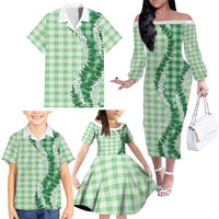 Green Hawaii Palaka Family Matching Off The Shoulder Long Sleeve Dress and Hawaiian Shirt Hawaiian Honohono Lei