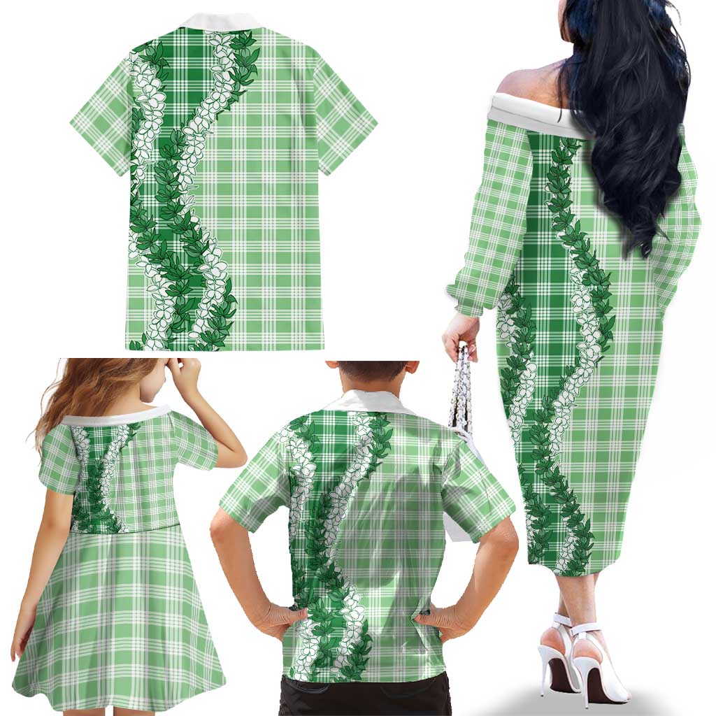 Green Hawaii Palaka Family Matching Off The Shoulder Long Sleeve Dress and Hawaiian Shirt Hawaiian Honohono Lei