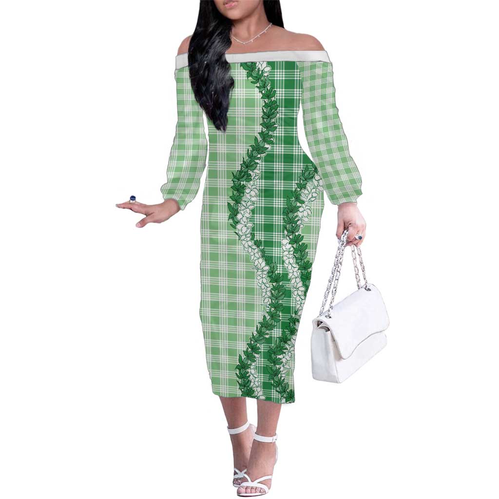Green Hawaii Palaka Family Matching Off The Shoulder Long Sleeve Dress and Hawaiian Shirt Hawaiian Honohono Lei