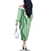 Green Hawaii Palaka Family Matching Off The Shoulder Long Sleeve Dress and Hawaiian Shirt Hawaiian Honohono Lei