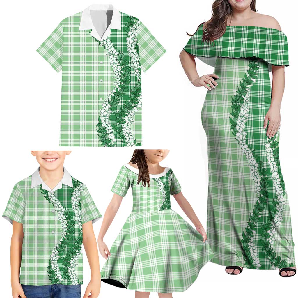 Green Hawaii Palaka Family Matching Off Shoulder Maxi Dress and Hawaiian Shirt Hawaiian Honohono Lei