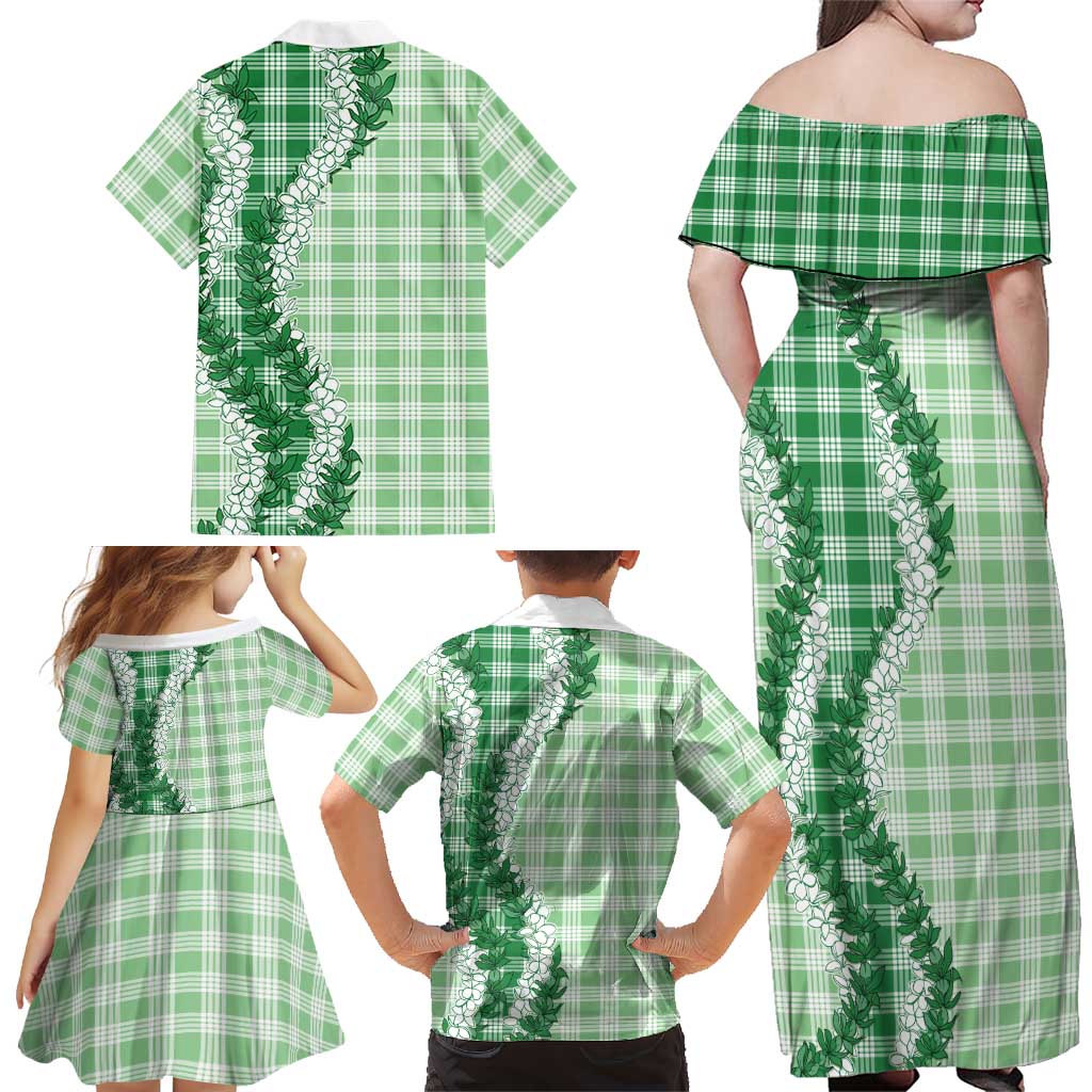 Green Hawaii Palaka Family Matching Off Shoulder Maxi Dress and Hawaiian Shirt Hawaiian Honohono Lei