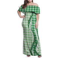 Green Hawaii Palaka Family Matching Off Shoulder Maxi Dress and Hawaiian Shirt Hawaiian Honohono Lei