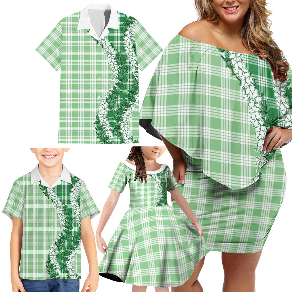 Green Hawaii Palaka Family Matching Off Shoulder Short Dress and Hawaiian Shirt Hawaiian Honohono Lei