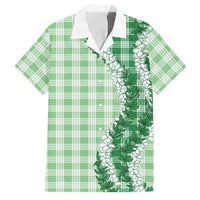 Green Hawaii Palaka Family Matching Off Shoulder Short Dress and Hawaiian Shirt Hawaiian Honohono Lei