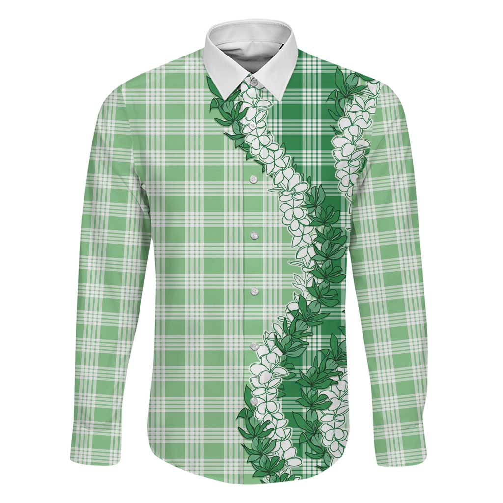 Green Hawaii Palaka Family Matching Off Shoulder Short Dress and Hawaiian Shirt Hawaiian Honohono Lei