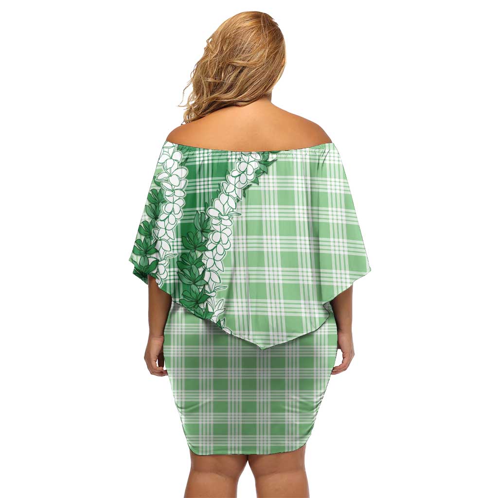 Green Hawaii Palaka Family Matching Off Shoulder Short Dress and Hawaiian Shirt Hawaiian Honohono Lei